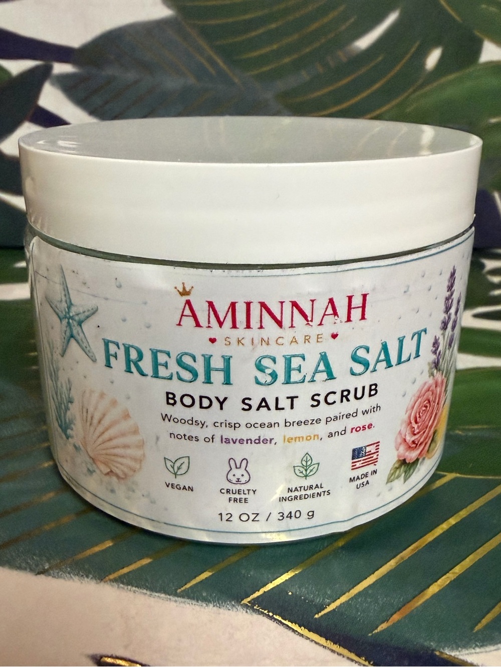 Aminnah Fresh Sea Salt Body Salt Scrub 12 oz Lavender Lemon Rose Vegan